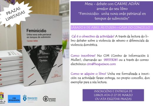 O CIM de Boqueixón organiza o 6 de abril unha Mesa-Debate con Carme Adán en torno ao seu libro ‘Feminicidio: unha nova orde patriarcal en tempos de submisión’