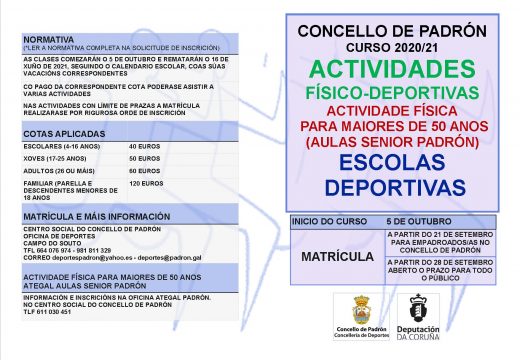 O Concello de Padrón presenta a súa oferta de actividades físico-deportivas para o curso 2020-2021 baixo un estrito protocolo de seguridade pola Covid-19