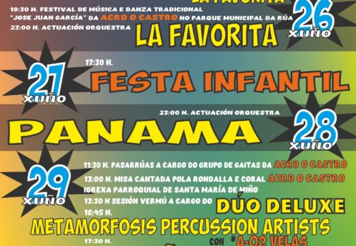 Pasacalles, música, a tradicional cucaña, unha gran festa infantil e atraccións nas festas de San Pedro en Miño