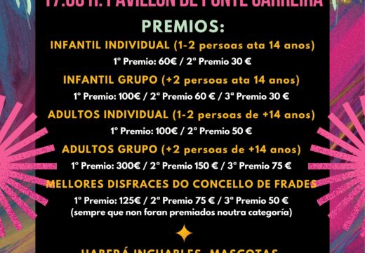 Frades abre a inscrición no concurso de disfraces de Entroido, que repartirá máis de 1.200 € en premios o domingo 19 de febreiro