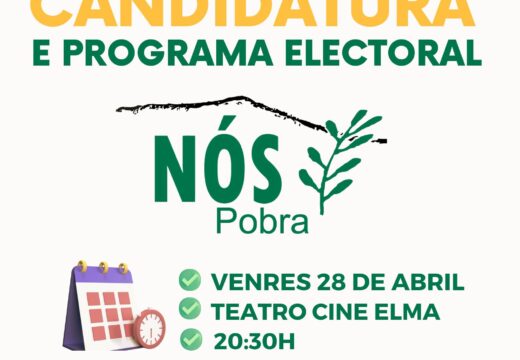 O vindeiro venres 28 de abril as 20.30h no Teatro Cine Elma terá lugar a presentación da candidatura e do programa electoral co que a Asemblea Veciñal Nós Pobra se presentará ás eleccións municipais 2023