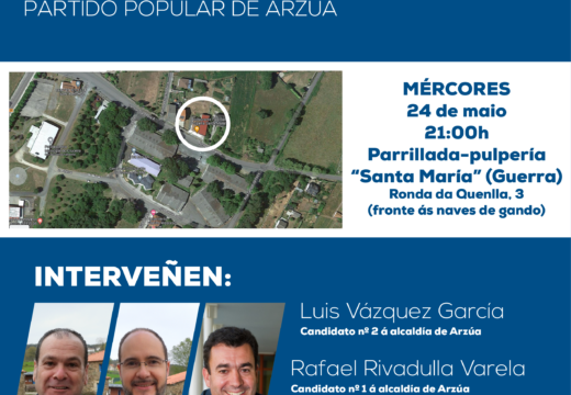 O Partido Popular de Arzúa realizará o mitin central mañá, mércores 24 de maio, acompañados de Román Rodríguez González, Conselleiro de Cultura, Educación, Formación Profesional e Universidades.