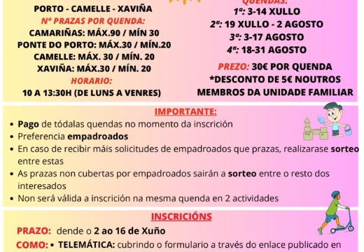 Camariñas abre a inscripción para as 764 prazas de obradoiros de verán e as actividades acuáticas