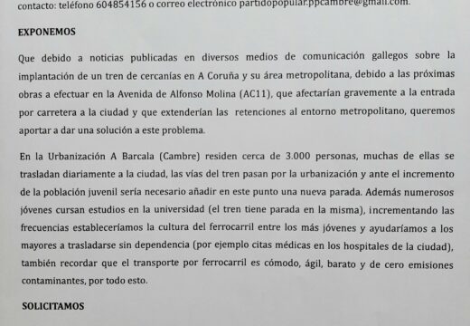 O Partido Popular de Cambre solicita o Ministerio de Transportes e Mobilidade a creación dun apeadeiro na urbanización La Barcala para o futuro tren de cercanías da comarca