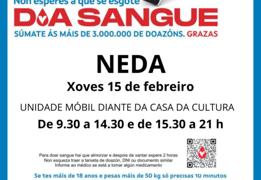 A unidade móbil de doazón de sangue estará durante toda a xornada do xoves en Neda