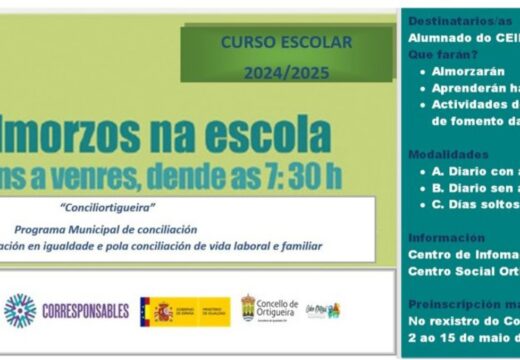 O Concello de Ortigueira abre este xoves o prazo de preinscrición do ‘Almorzos na Escola’ para o curso 2024/25