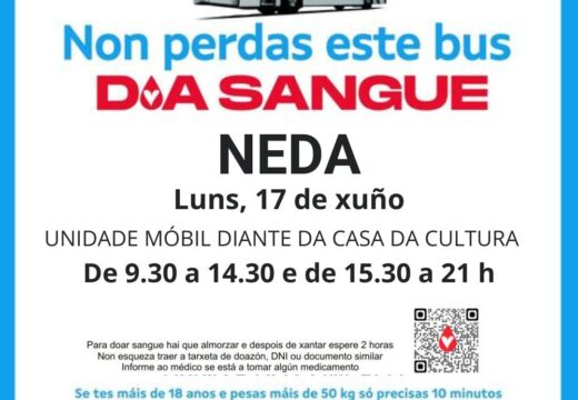 A unidade móbil de doazón de sangue estará en Neda durante toda a xornada do luns