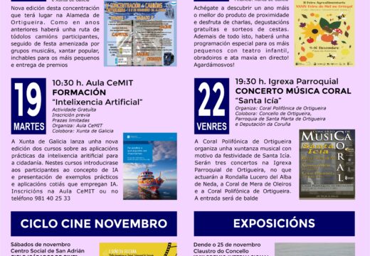 O ciclo ‘Sábados de cinema’ e a XXXIV Feira do Mel non Ortegal, grandes protagonistas culturais en novembro