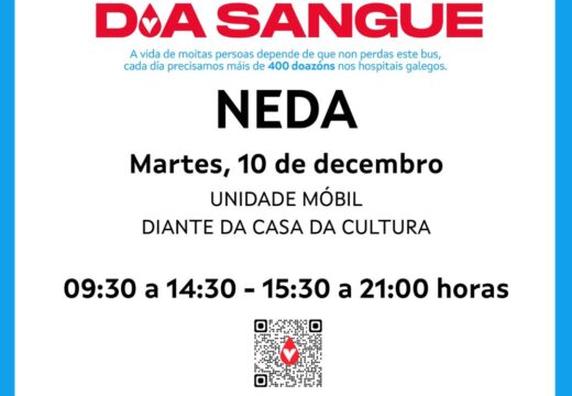 A unidade móbil de doazón de sangue estará o vindeiro martes diante da Casa da Cultura de Neda