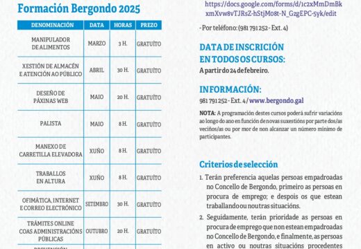 Bergondo oferta nove cursos gratuítos para fomentar a inserción laboral