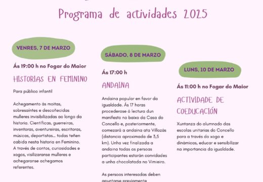 Paderne aposta por contacontos familiar, actividades nos centros educativos e unha andaina para darlle visibilidade á necesaria loita pola igualdade no 8M 