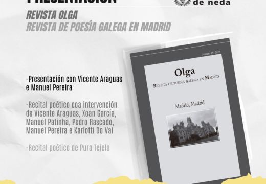 A Casa das palmeiras acollerá a presentación do último número da “Revista Olga. Revista de Poesía Galega en Madrid”