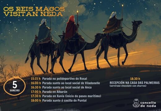 A cabalgata dos Reis Magos percorrerá este luns pola tarde Neda, facendo seis paradas antes da tradicional recepción