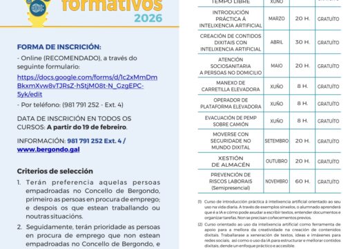 Bergondo oferta once cursos gratuítos para fomentar a inserción laboral