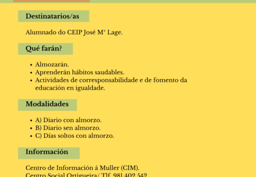 O Concello de Ortigueira abre este venres o prazo de preinscrición para o programa ‘Almorzos na Escola’ do curso 2026/2027