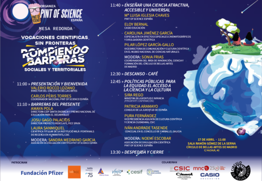 O modelo de Carballo, na mesa redonda sobre vocacións científicas promovida pola organización de Pint of Science España para o 17 de abril en Madrid