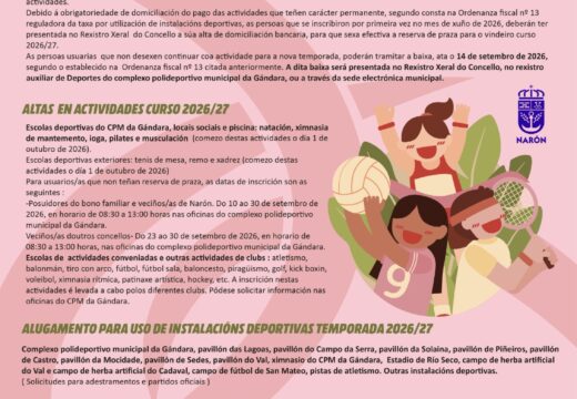 O Padroado abre este luns o prazo de solicitude de instalacións deportivas de Narón para a temporada 2026/2027