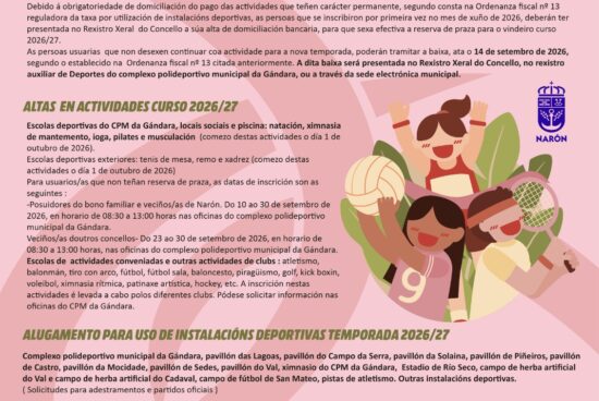 O Padroado abre este luns o prazo de solicitude de instalacións deportivas de Narón para a temporada 2026/2027