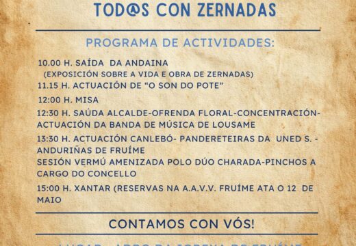 O Concello de Lousame fai un chamamento a todo o tecido asociativo e veciñanza a reunirse o 17 de maio en Fruíme para reclamar o Día das Letras Galegas de 2027 para Zernadas