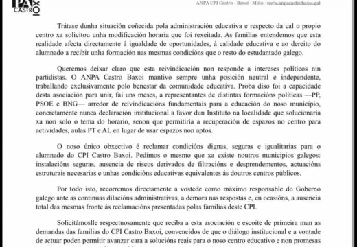 O Concello comparte e apoia as reclamacións do ANPA do CPI Castro Baxoi ante a Xunta